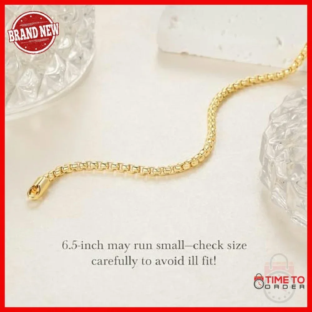 14K Gold Box Chain Bracelet 8 Inches Hypoallergenic Lobster Clasp